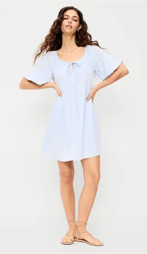 NWT!! Old Navy Crinkle Gauze Flutter-Sleeve Mini Swing Dress in Light Blue thumbnail 1