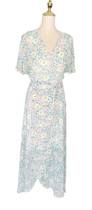Luxology Women Pink Mint Floral‎ Faux Wrap Maxi Dress Short Flutter Sleeve NWT thumbnail 1