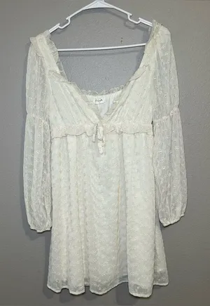 Storia Neutral Sheer V Neck Long Sleeve Cottagecore Mini Dress Women’s Medium thumbnail 1