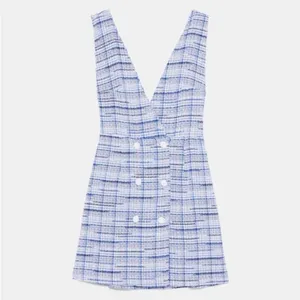 ZARA Blue and White Tweed Plaid Pinafore Mini Dress Medium Double Breasted thumbnail 7