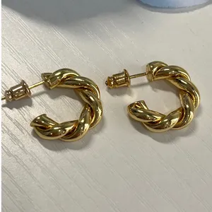 Gold tone Twisted Croissant‎ Hoop Earrings Textured C-Shape Post Backs 0.75 Inch thumbnail 3