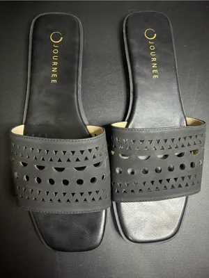 Journee Black Laser-Cut Slide Sandals thumbnail 2