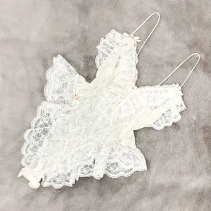 Vintage Ruffled Lace-Up Lace Bodysuit Lingerie in White | Size S thumbnail 1