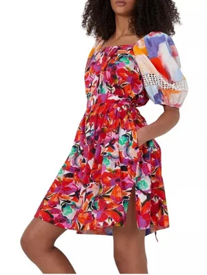 French Connection Isadora‎ Patch Poplin Bardot Dress Medium Multicolor Mini NWT thumbnail 1