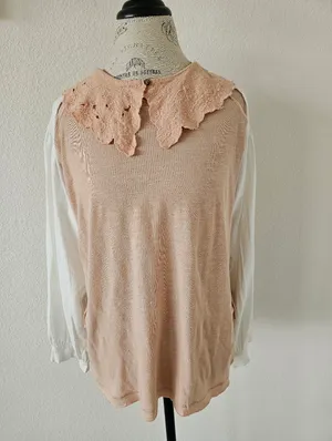 Free People NWT "I'm The One" Mixed Media Top XS Blush Pink Lace Collar​ thumbnail 2