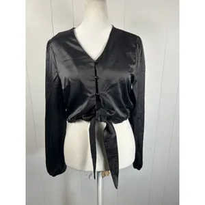Commense NWT Black Satin Crop Blouse with Front Tie Night Out Minimalist Size S thumbnail 2