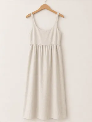 Zara Oatmeal Flowy Linen Lyocell Maxi Dress Smocked Back Sleeveless Boho Coastal thumbnail 5