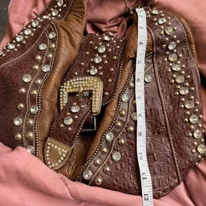 Y2K 2000s Western Cowgirl Mcbling Bimbo Goth Rhinestone Large Buckle Hand Shoulder Hobo Bag Purse Preppy bedazzled silver studs brown #whimsygoth #grunge #punk #stagecoach #streetwear festival Measurement in pics Some distressing as pictured thumbnail 6
