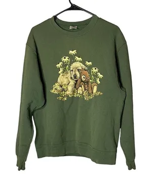 Vintage Jerzees Puppy Print Green Crewneck Sweater Size Medium thumbnail 1
