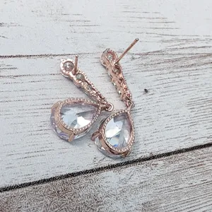 Dangle Earrings For Pierced Ears - Rose Gold Tone & Clear Gems thumbnail 5