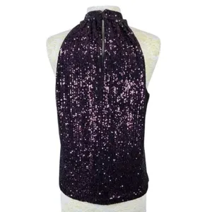 Parker Dallas Sleeveless Twist Halter Lined Burgundy Sequined Top Size Medium thumbnail 14