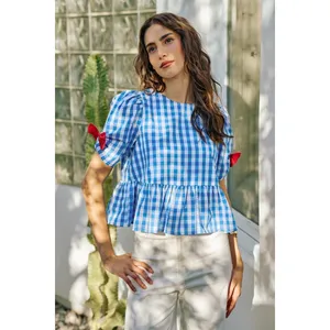 SO ME 4th Of July Gingham Ribbon Detail Short‎ Sleeves Blouse - Medium thumbnail 12