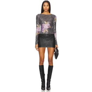 Free People Printed Gold Rush Sequin Top Long Sleeve Amethyst Combo XS NWT thumbnail 5