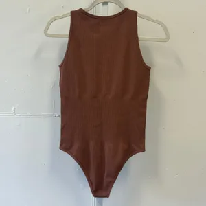 OQQ Ribbed Seamless Bodysuit Brown Sleeveless Crew Neck Thong Snap Large thumbnail 2