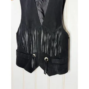 Spring West Black Genuine Leather Suede Fringe Western Vest Conchos Womens M thumbnail 3