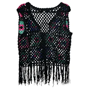 UMGEE Black Crocheted Squares Sleeveless‎ Cardigan Medium Grannycore Boho Fringe thumbnail 2