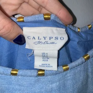 Calypso St Barth Maxi Dress Women 4 Light Blue Excellent Linen Gold Bead Pocket thumbnail 2