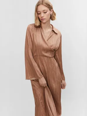 NWT Mango MNG Brown Satin Shirt Wrap Midi Dress 10 Flowy Flared Sleeve Party thumbnail 2