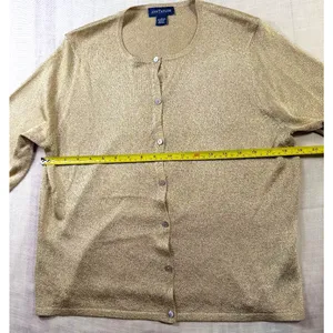 Ann Taylor Gold Shimmer Knit Crewneck Cardigan Sweater Women's Large EUC thumbnail 8
