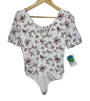 Abercrombie & Fitch White Pink Green Floral Smocked Bodysuit Top Womens Size S thumbnail 1