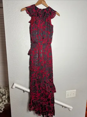 SALONI Anita Silk Burnout Velvet Dress Slit Ruffle Midi Vampire Goth Witchy Red thumbnail 7