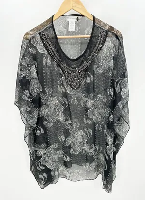Soft Surroundings Black Cream Sheer Beaded‎ Poncho Swim Cover Up S/M 26733 thumbnail 1