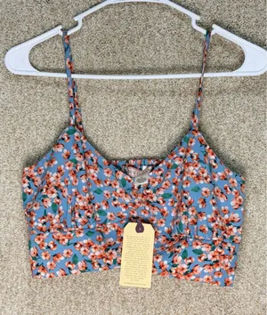 NWT medium B.O.G Collective Blue Floral‎ Smocked Back Crop Top Adjustable Straps thumbnail 1