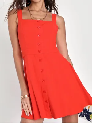 Lulus Sunny Personality Red Orange Button-Up Mini Dress With Pockets thumbnail 1
