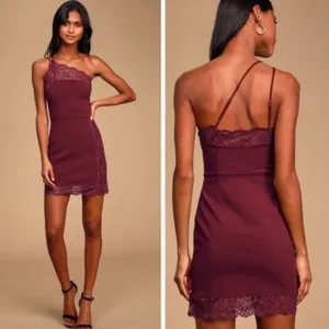 Free People Dress Sexy Lace Trim One Shoulder Bodycon Mini Dress, Size Large thumbnail 2