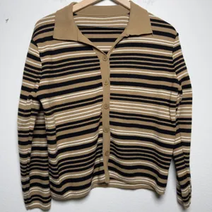 Selfie Couture Women Cotton Ramie Striped Cardigan Sweater XL Brown Preppy Polo thumbnail 1