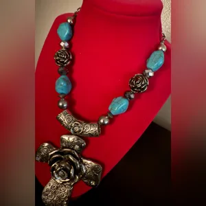 Ornate Silver Turquoise Cross Necklace | Western Boho Statement Chunky Religious thumbnail 5