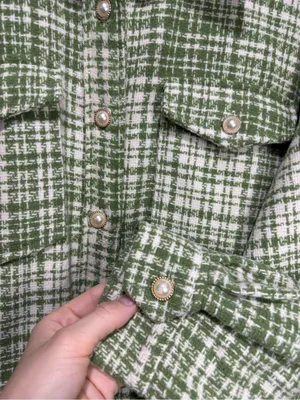 Forever 21 Green & White Tweed Houndstooth Shacket Pearl Buttons Medium thumbnail 4