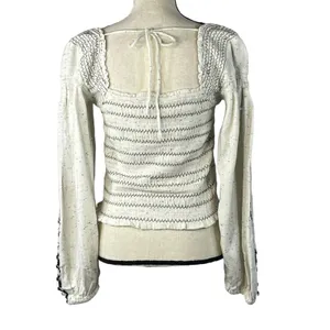 Free People Maggie Medium Embroidered Top Square Neck Smocked Puff Sleeves Ivory thumbnail 5