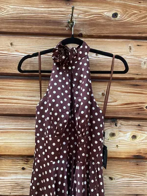 IEENA FOR MAC DUGGAL Size 10 Brown Polka Dot A-Line Halter Gown Rosette FLAWS thumbnail 7