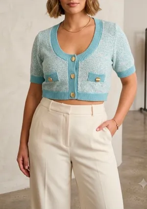 MATTHEW BRUCH Tweed Knit Cropped Cardigan in Seafoam / Light Blue - Size 2 / M thumbnail 1