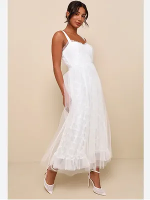 Lulus Ethereal Impression White Tulle Ruffled Bustier Midi Dress Small New thumbnail 2