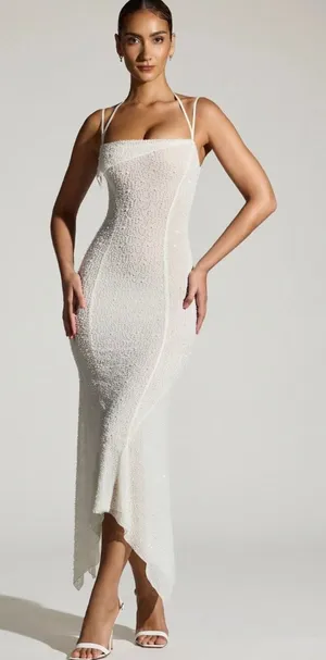 Oh Polly Dole Embellished Asymmetric Maxi Dress in White Size 6 New thumbnail 1