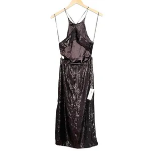 Bardot Easton Dress Size 6 Black Sequin Open Back Thigh Slit Midi Cocktail NWT thumbnail 6