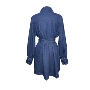 COMMENSE Women’s Belted Button Front Puff Sleeve Dark Wash Denim Dress thumbnail 5
