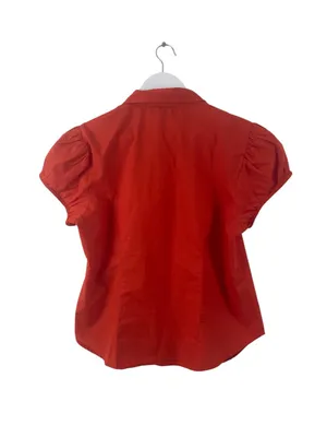 Anthropologie Maeve Red Short Puff Sleeve Ruched Blouse L thumbnail 3