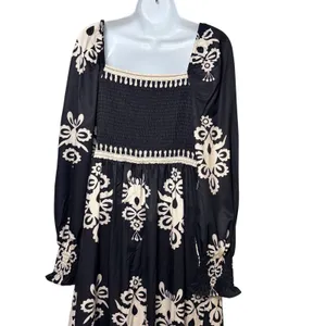 Womens Black Cream Damask Smocked Maxi Dress Long Sleeve Boho Peasant Size L thumbnail 3