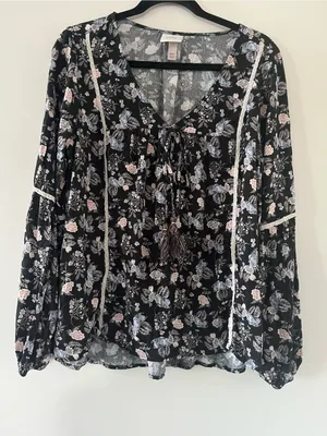 Knox Rose Black Floral Peasant Top XXL Cottagecore Prairie Romantic Poet thumbnail 1
