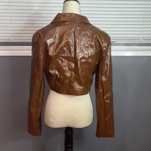 Forever 21 Chocolate Brown Faux Leather Cropped Blazer | Y2K 90s Vintage Inspired | Size thumbnail 5