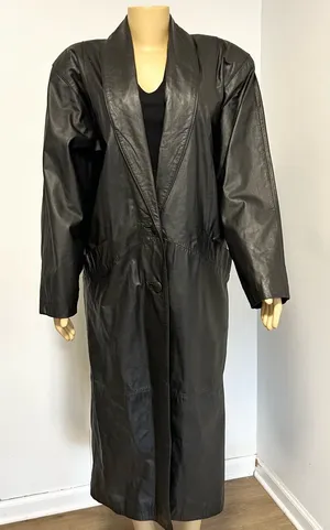 Comint‎ Leather Black Trench Coat Long Duster Jacket Womens Large C5087 Vintage thumbnail 1