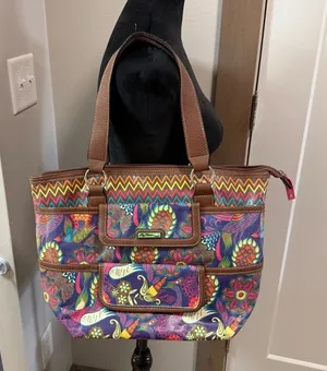 Lily Bloom Peacock Colorful Floral Shoulder Bag Purse Tote Lg Zip Top Abstract thumbnail 1