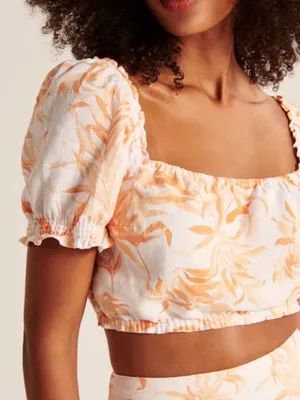 Abercrombie‎ & Fitch Orange and Cream Floral Linen Blend Puff Sleeve Crop Top thumbnail 1