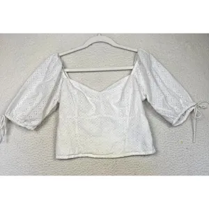 Abercrombie & Fitch Blouse Womens Medium White Eyelet Puff Sleeve Baby Doll‎ thumbnail 2