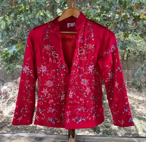 Women's Red Embroidered Asian Satin Jacket Size S thumbnail 1