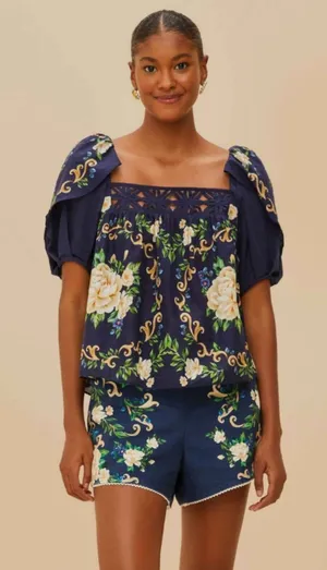 Farm Rio FLOWER TAPESTRY BLUE FLOWERED YOKE BLOUSE Size XSmall thumbnail 1