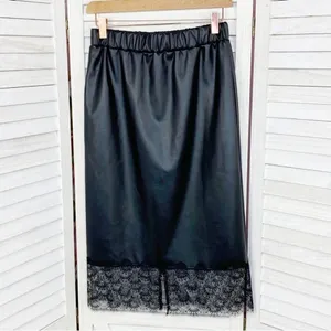 Michael Kors Lace Trim Faux Leather Slip Skirt‎ Black Midi Pencil Elastic XS thumbnail 9
